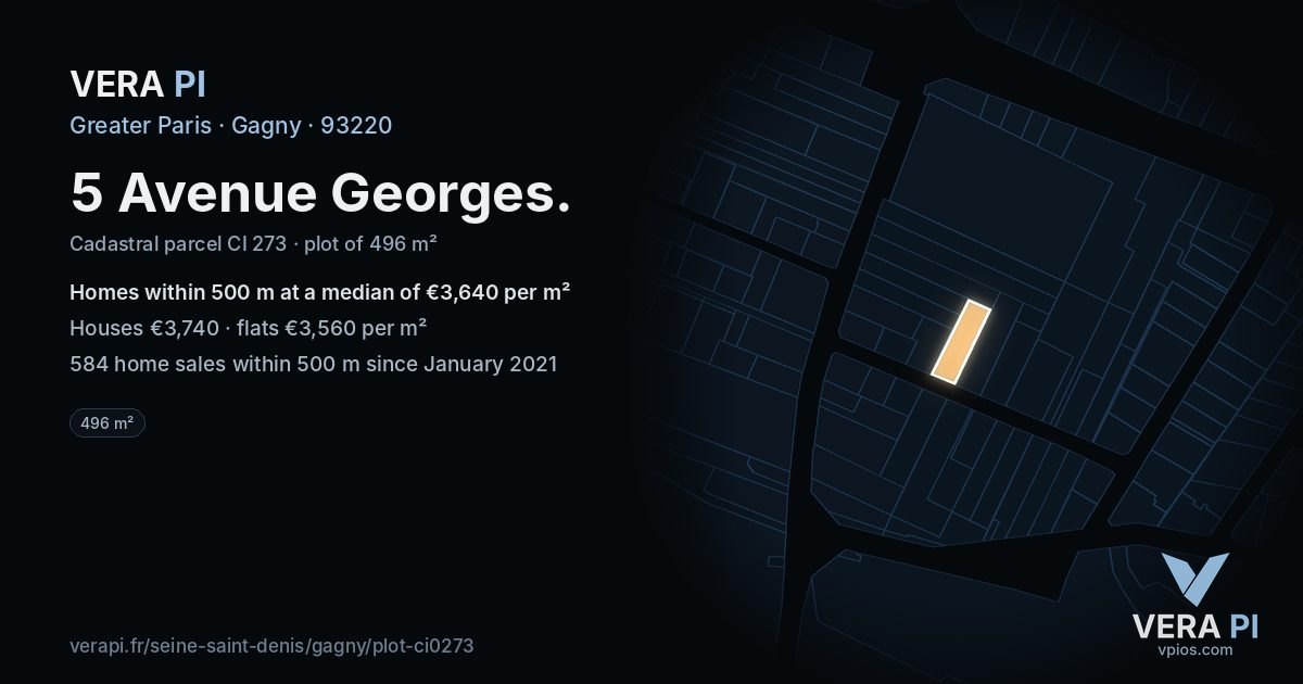 5 Avenue Georges, Gagny at night – the plot lit, the parcels around coloured by the prices near them