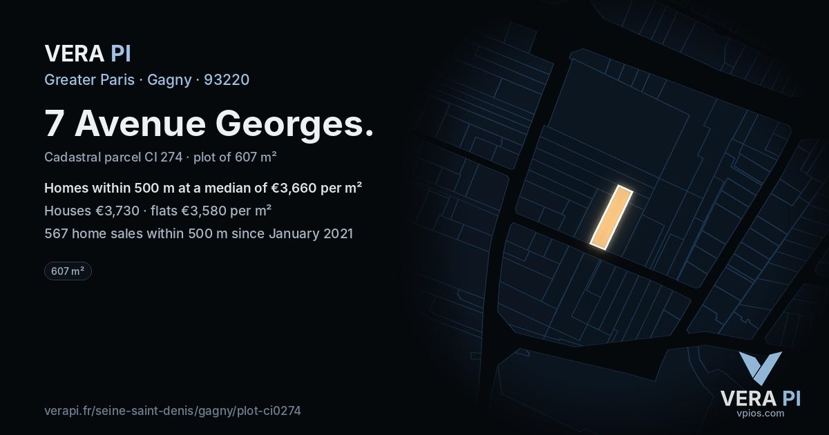 7 Avenue Georges, Gagny at night – the plot lit, the parcels around coloured by the prices near them