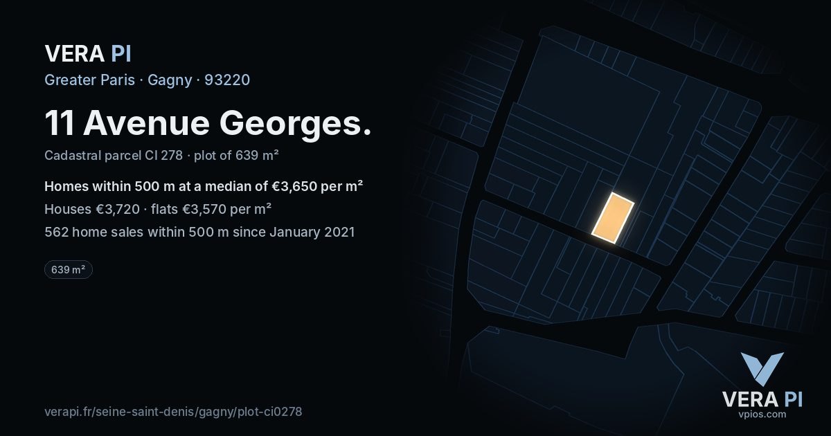 11 Avenue Georges, Gagny at night – the plot lit, the parcels around coloured by the prices near them