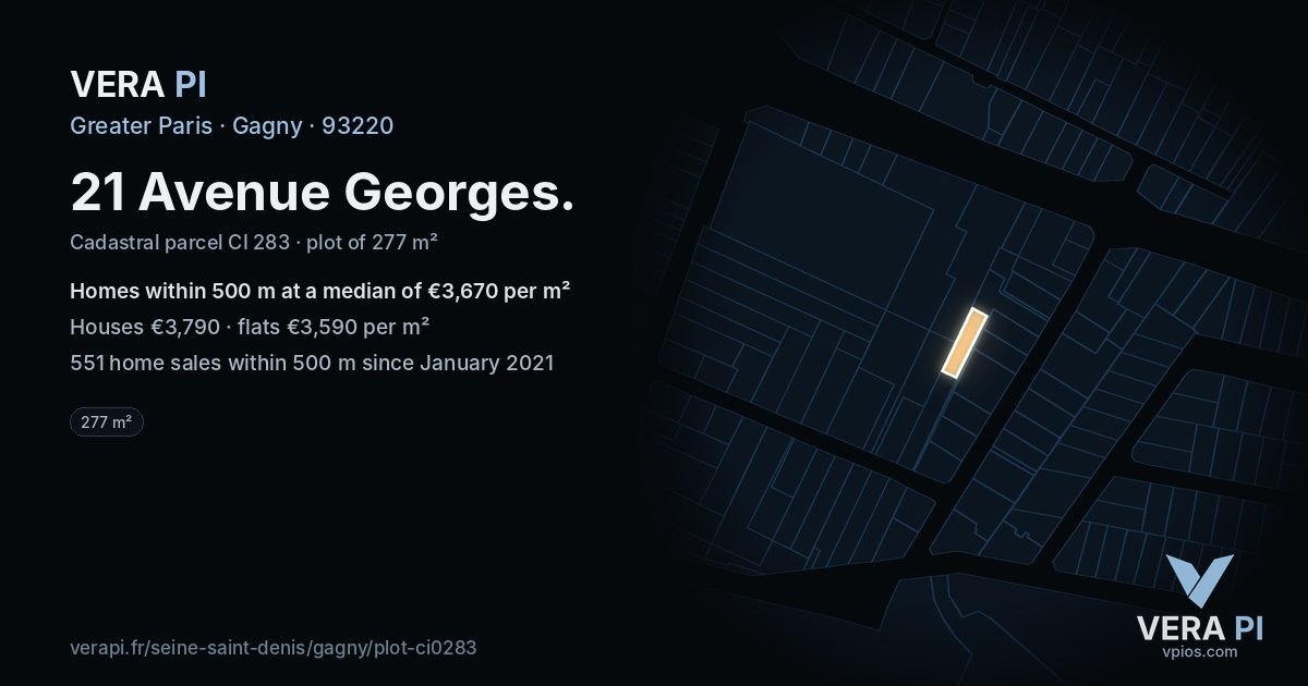 21 Avenue Georges, Gagny at night – the plot lit, the parcels around coloured by the prices near them