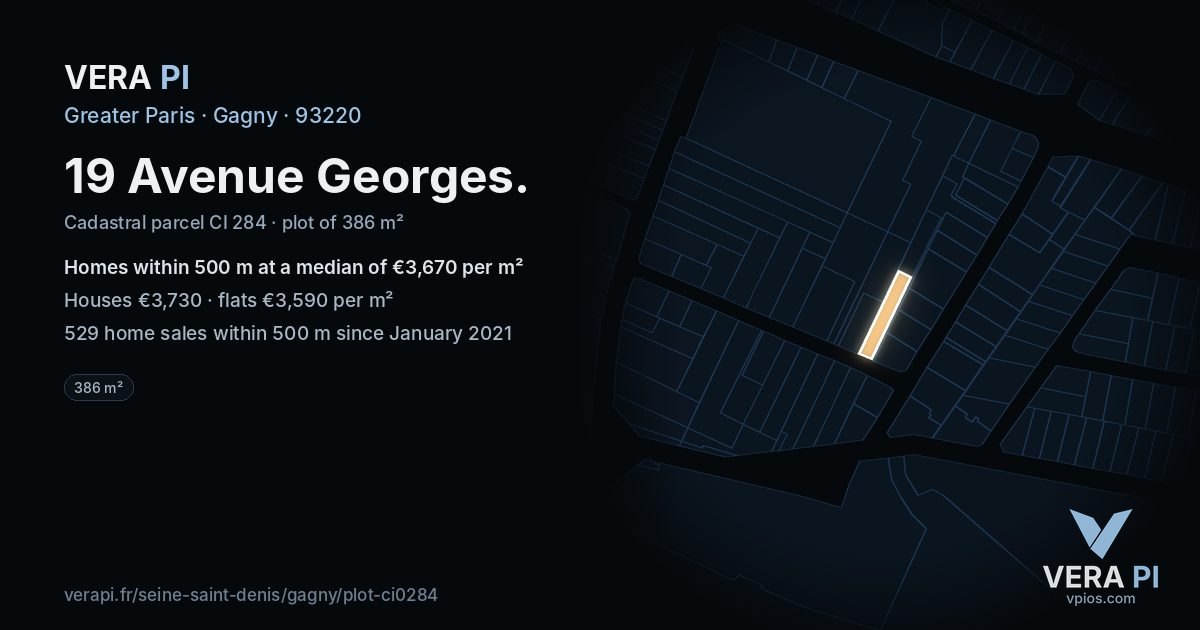 19 Avenue Georges, Gagny at night – the plot lit, the parcels around coloured by the prices near them