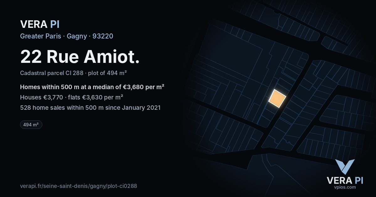 22 Rue Amiot, Gagny at night – the plot lit, the parcels around coloured by the prices near them