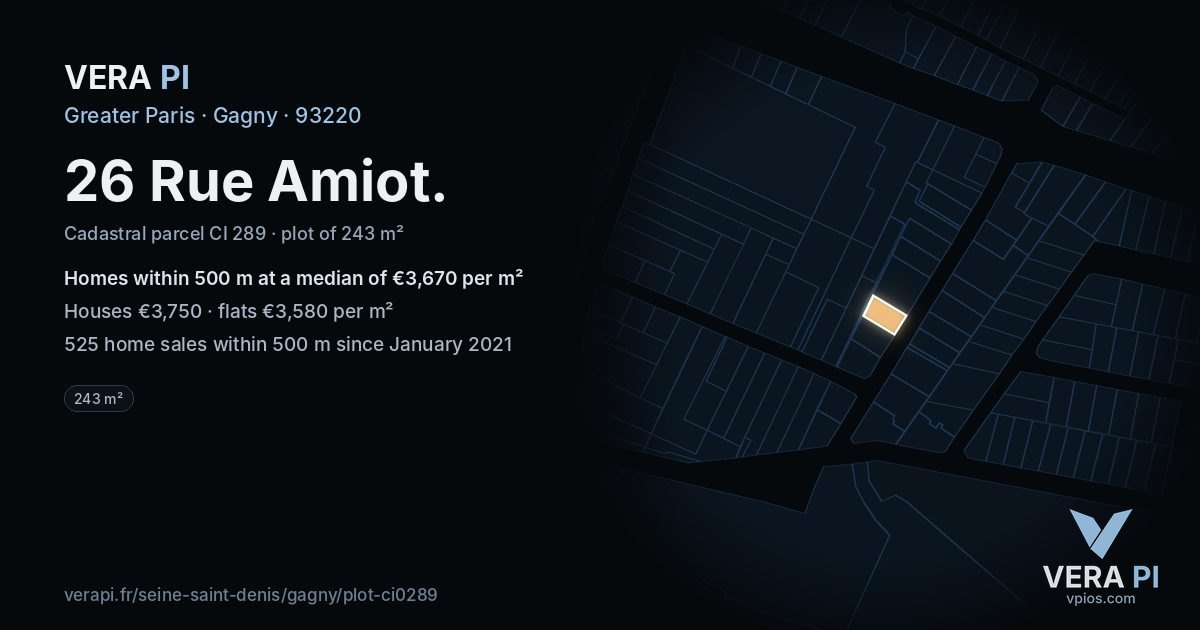 26 Rue Amiot, Gagny at night – the plot lit, the parcels around coloured by the prices near them