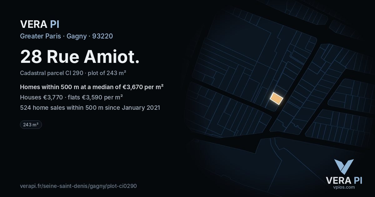28 Rue Amiot, Gagny at night – the plot lit, the parcels around coloured by the prices near them