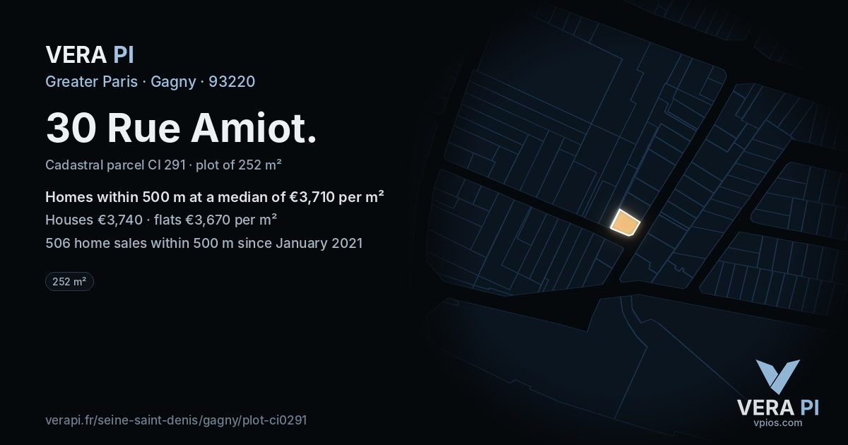 30 Rue Amiot, Gagny at night – the plot lit, the parcels around coloured by the prices near them