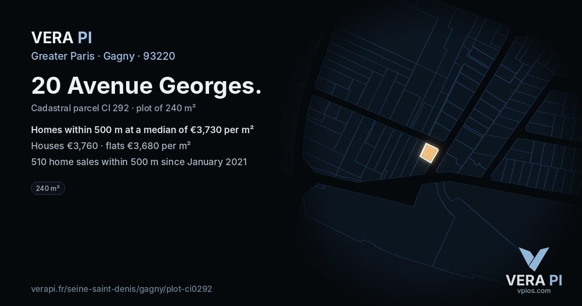 20 Avenue Georges, Gagny at night – the plot lit, the parcels around coloured by the prices near them