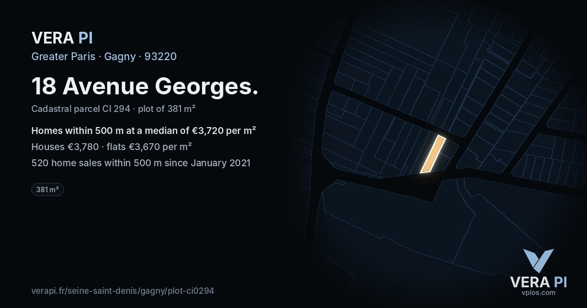 18 Avenue Georges, Gagny at night – the plot lit, the parcels around coloured by the prices near them