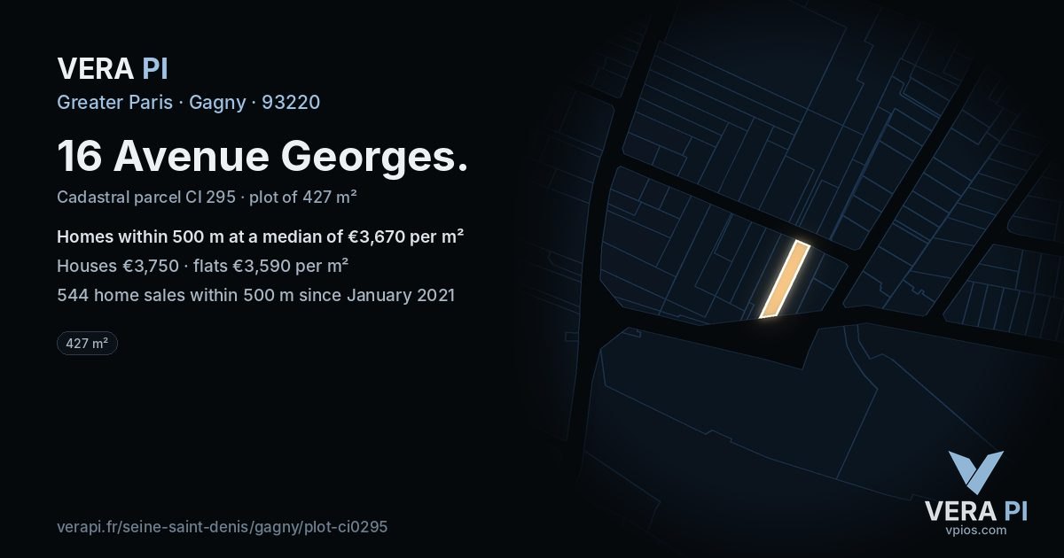 16 Avenue Georges, Gagny at night – the plot lit, the parcels around coloured by the prices near them