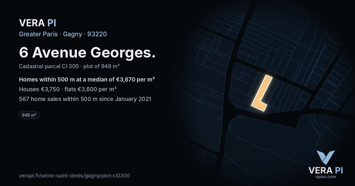 6 Avenue Georges, Gagny at night – the plot lit, the parcels around coloured by the prices near them