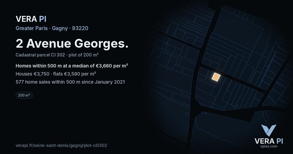 2 Avenue Georges, Gagny at night – the plot lit, the parcels around coloured by the prices near them