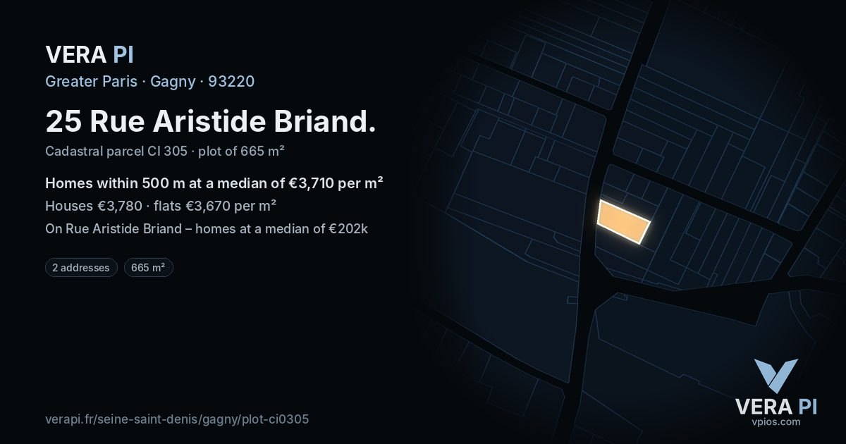 25 Rue Aristide Briand, Gagny at night – the plot lit, the parcels around coloured by the prices near them