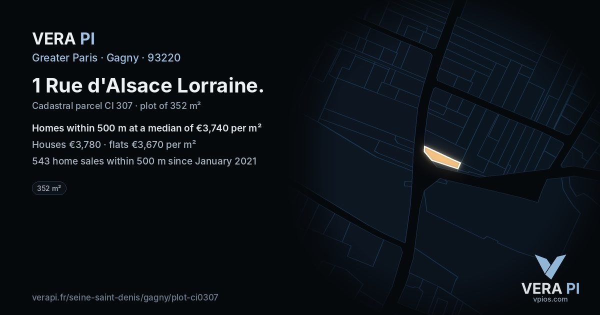 1 Rue d'Alsace Lorraine, Gagny at night – the plot lit, the parcels around coloured by the prices near them
