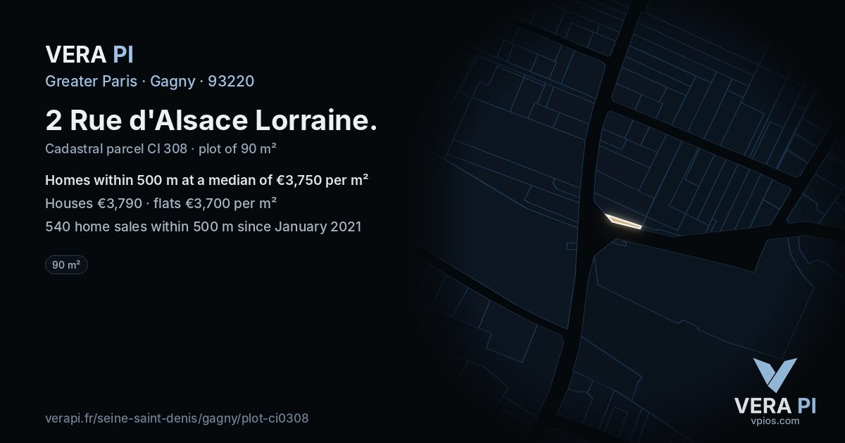 2 Rue d'Alsace Lorraine, Gagny at night – the plot lit, the parcels around coloured by the prices near them
