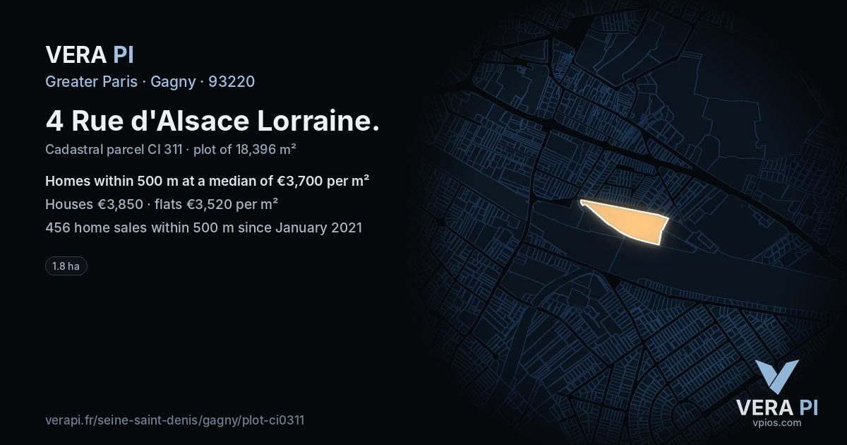 4 Rue d'Alsace Lorraine, Gagny at night – the plot lit, the parcels around coloured by the prices near them