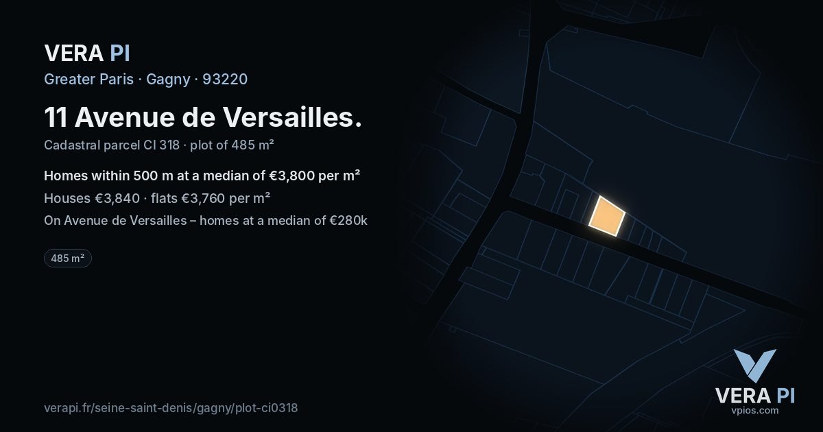 11 Avenue de Versailles, Gagny at night – the plot lit, the parcels around coloured by the prices near them