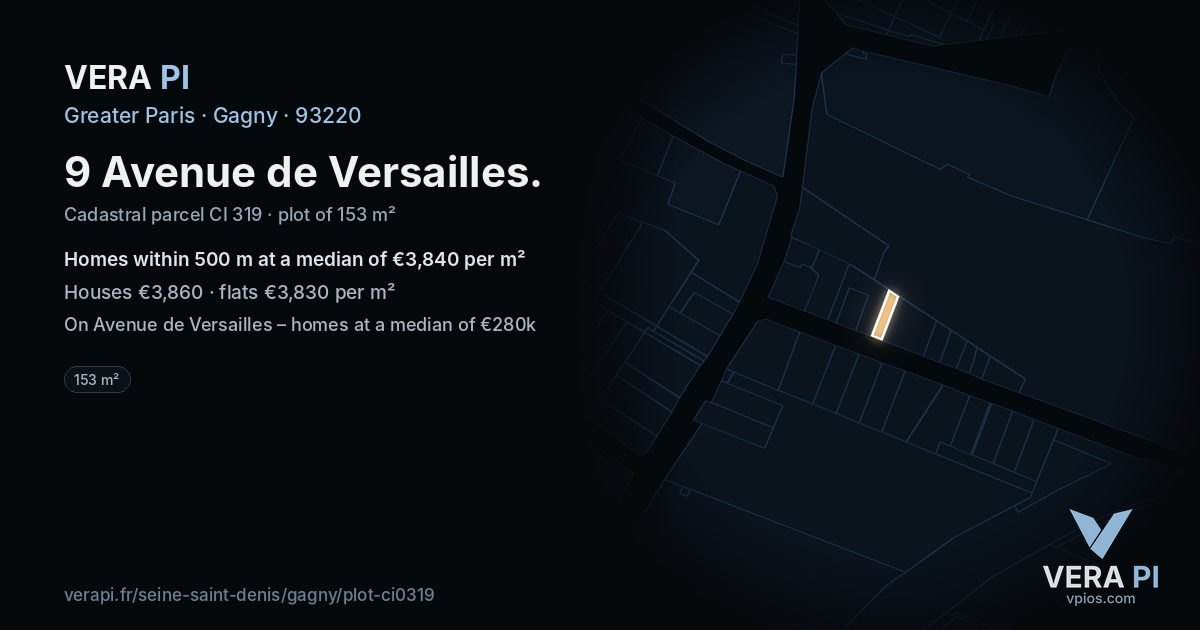 9 Avenue de Versailles, Gagny at night – the plot lit, the parcels around coloured by the prices near them