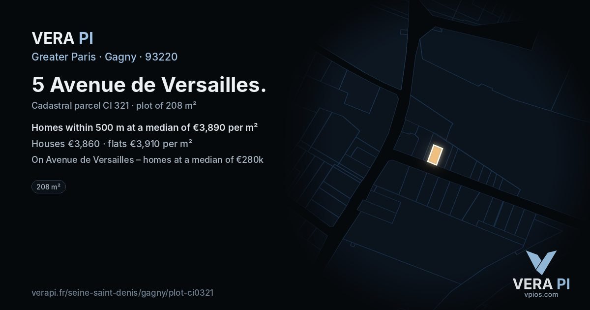 5 Avenue de Versailles, Gagny at night – the plot lit, the parcels around coloured by the prices near them
