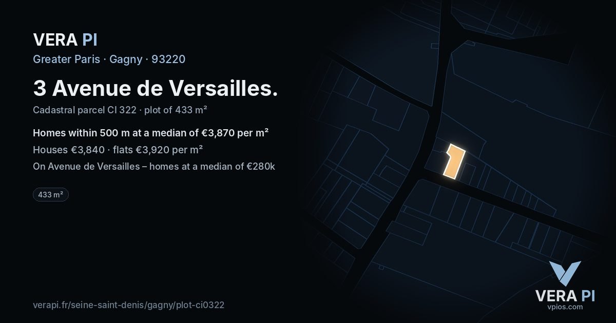 3 Avenue de Versailles, Gagny at night – the plot lit, the parcels around coloured by the prices near them