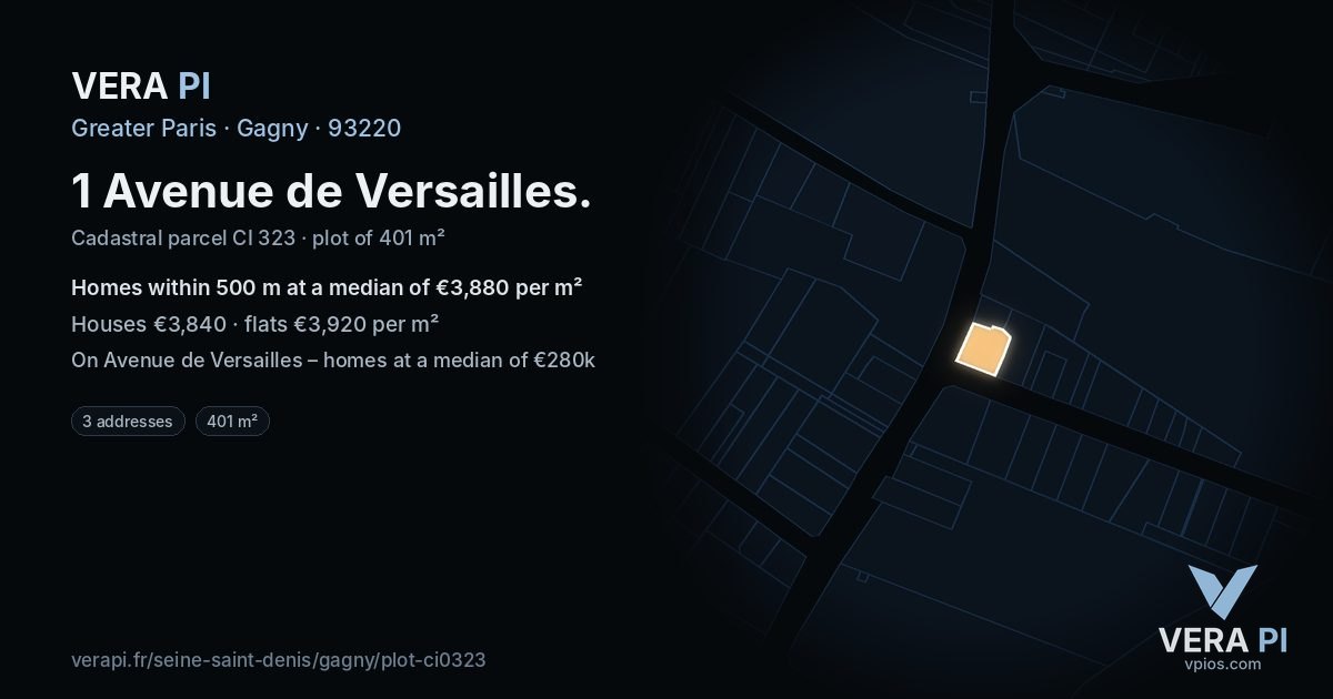 1 Avenue de Versailles, Gagny at night – the plot lit, the parcels around coloured by the prices near them