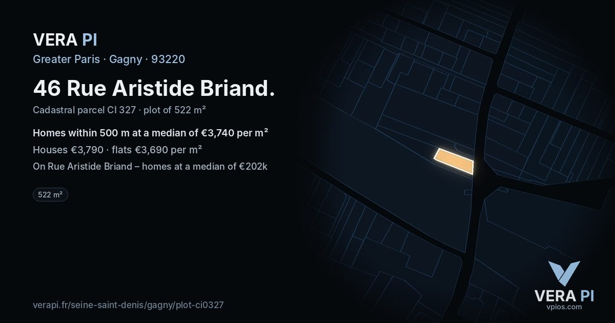 46 Rue Aristide Briand, Gagny at night – the plot lit, the parcels around coloured by the prices near them
