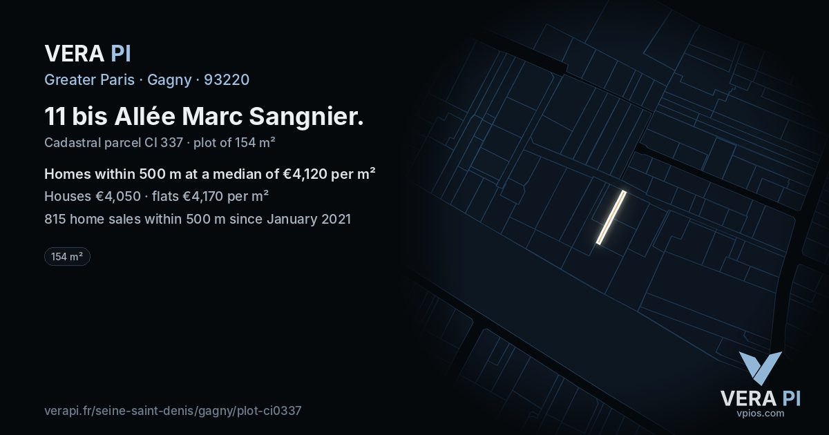 11 bis Allée Marc Sangnier, Gagny at night – the plot lit, the parcels around coloured by the prices near them