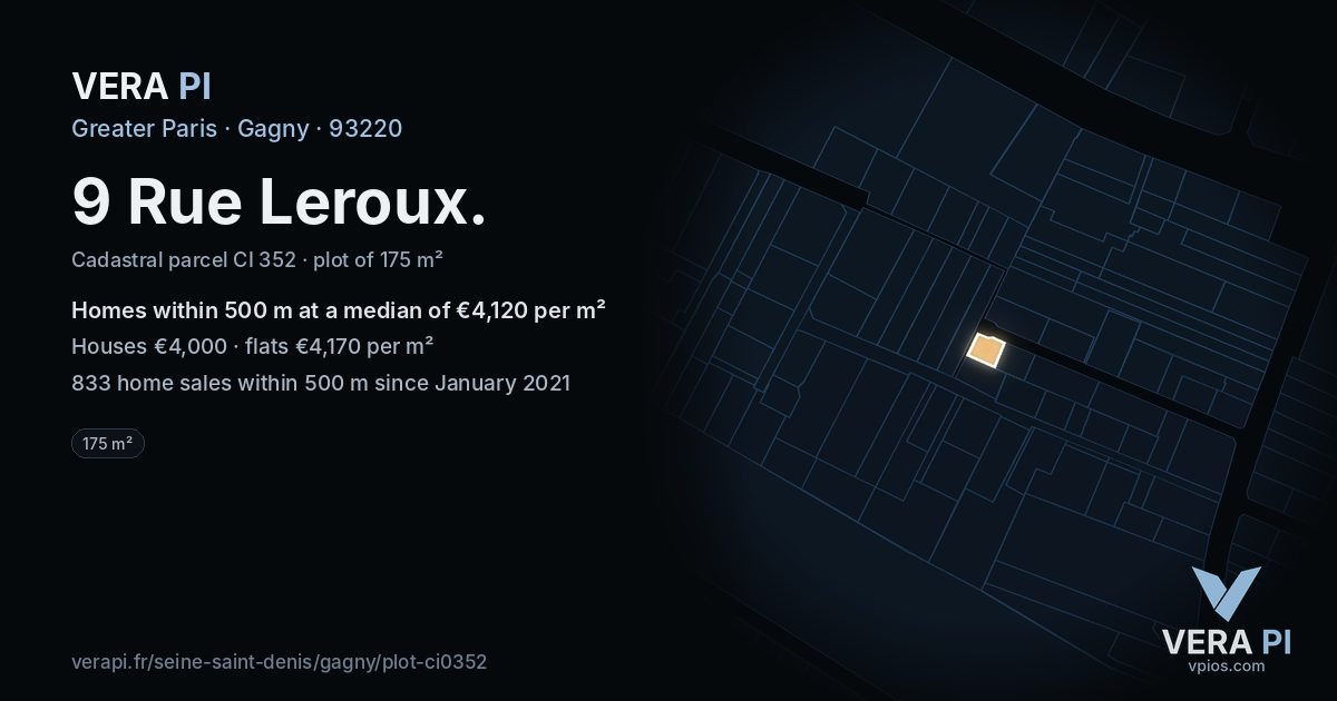 9 Rue Leroux, Gagny at night – the plot lit, the parcels around coloured by the prices near them