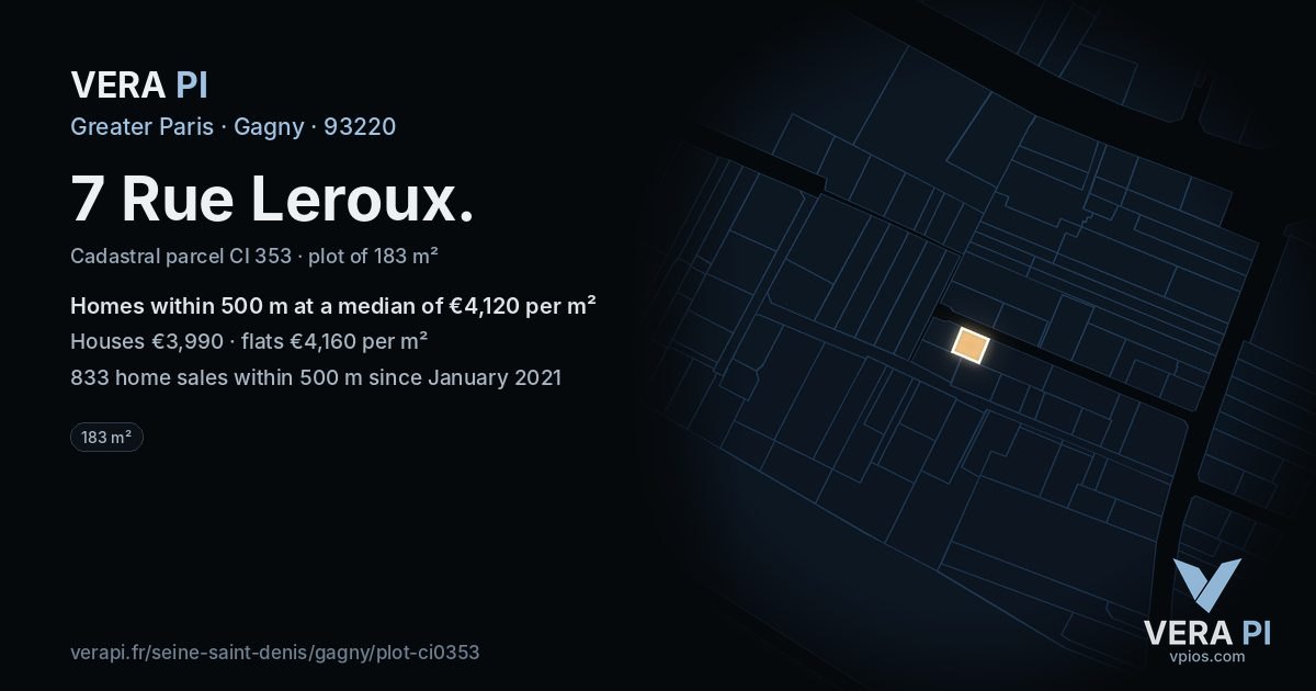 7 Rue Leroux, Gagny at night – the plot lit, the parcels around coloured by the prices near them