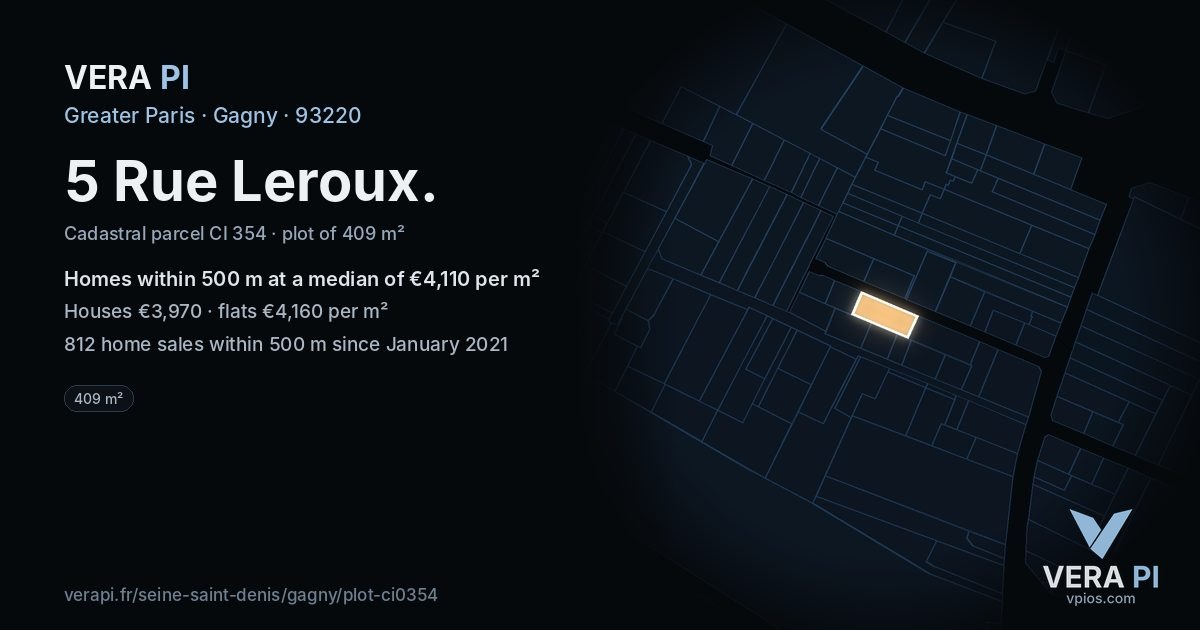 5 Rue Leroux, Gagny at night – the plot lit, the parcels around coloured by the prices near them