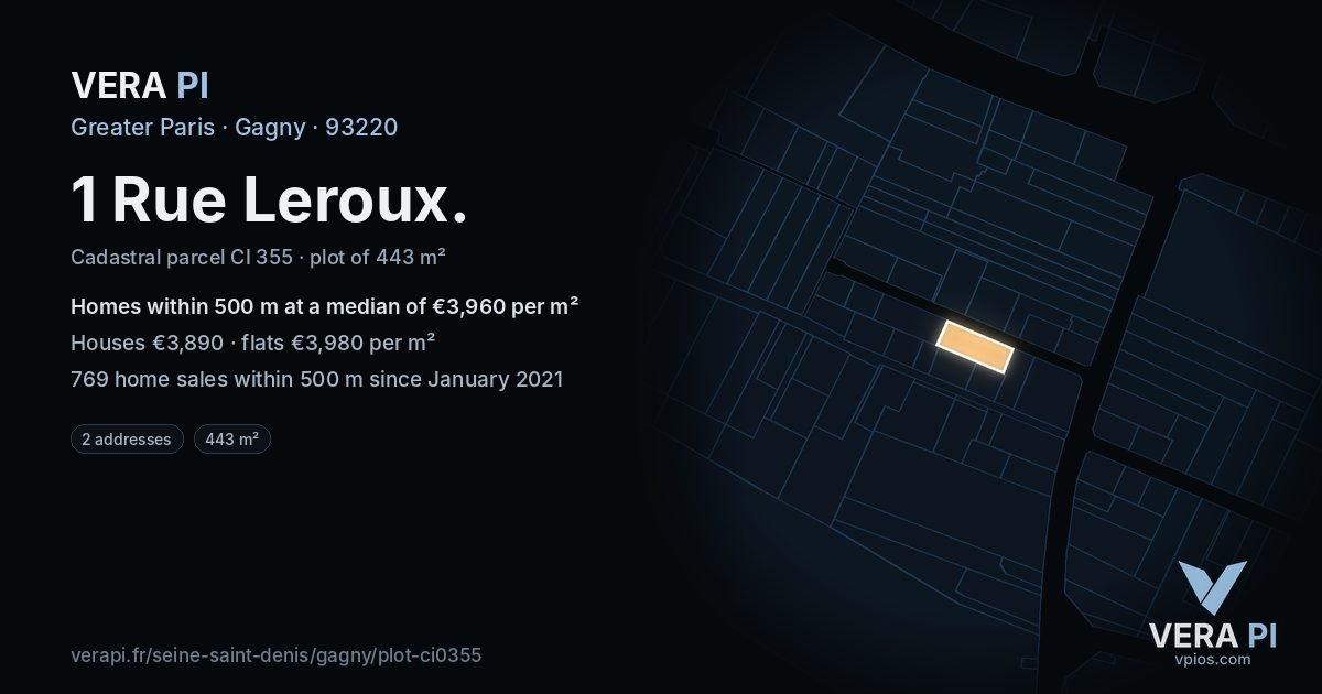 1 Rue Leroux, Gagny at night – the plot lit, the parcels around coloured by the prices near them