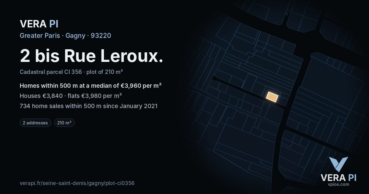 2 bis Rue Leroux, Gagny at night – the plot lit, the parcels around coloured by the prices near them