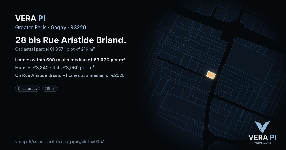 28 bis Rue Aristide Briand, Gagny at night – the plot lit, the parcels around coloured by the prices near them
