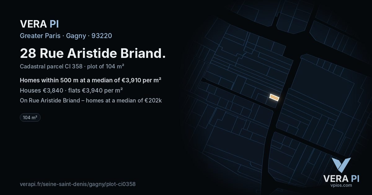 28 Rue Aristide Briand, Gagny at night – the plot lit, the parcels around coloured by the prices near them