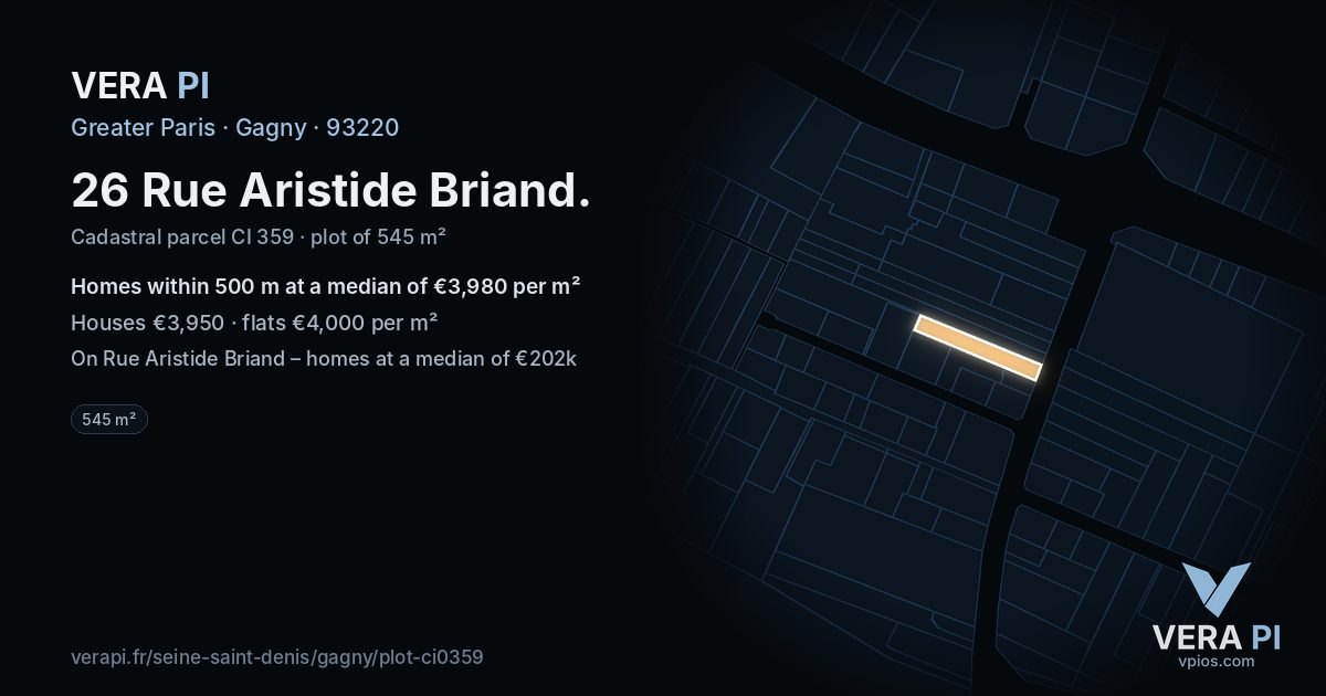 26 Rue Aristide Briand, Gagny at night – the plot lit, the parcels around coloured by the prices near them