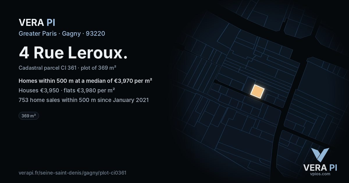 4 Rue Leroux, Gagny at night – the plot lit, the parcels around coloured by the prices near them