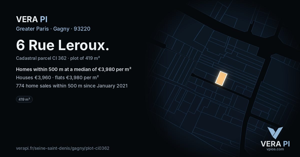 6 Rue Leroux, Gagny at night – the plot lit, the parcels around coloured by the prices near them