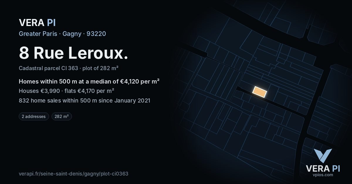 8 Rue Leroux, Gagny at night – the plot lit, the parcels around coloured by the prices near them