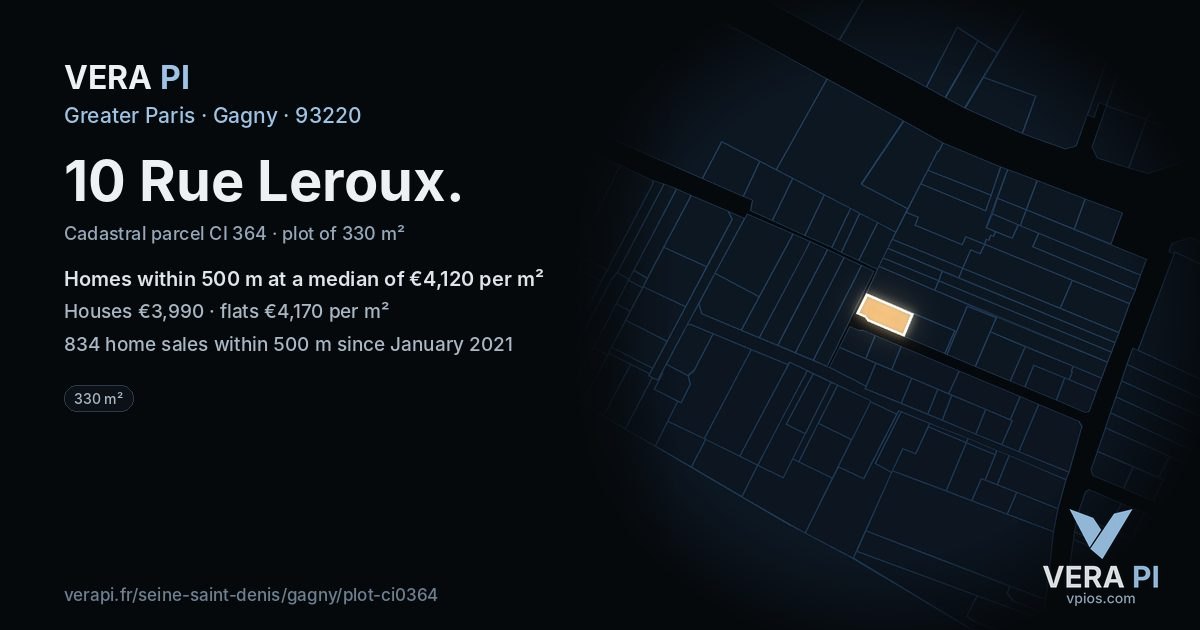 10 Rue Leroux, Gagny at night – the plot lit, the parcels around coloured by the prices near them