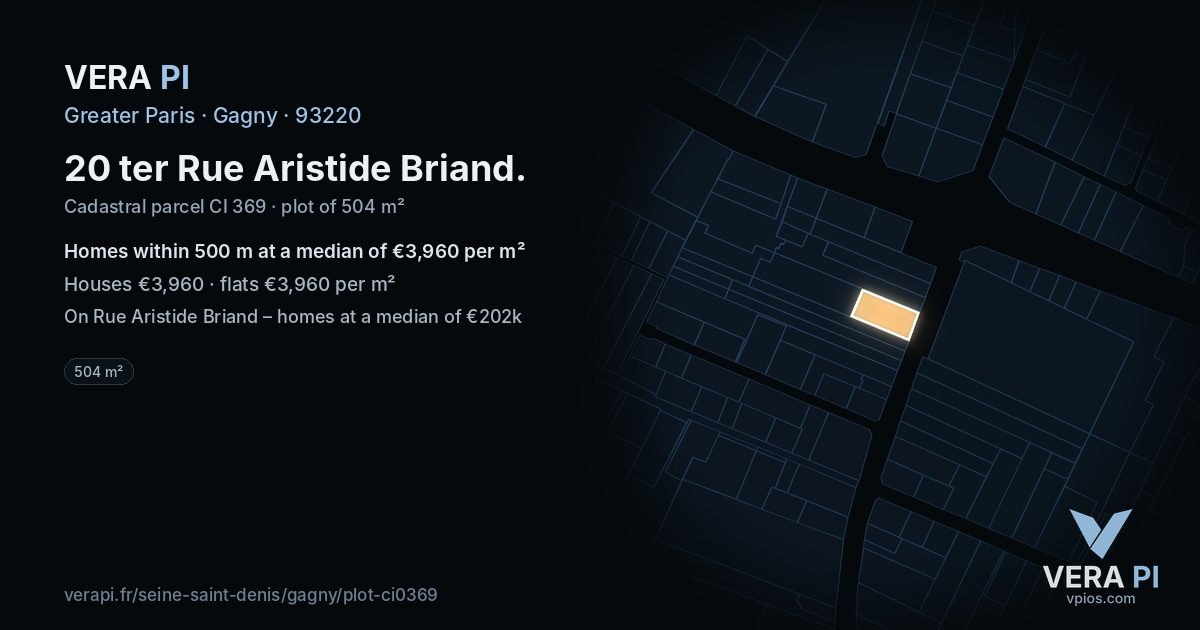 20 ter Rue Aristide Briand, Gagny at night – the plot lit, the parcels around coloured by the prices near them