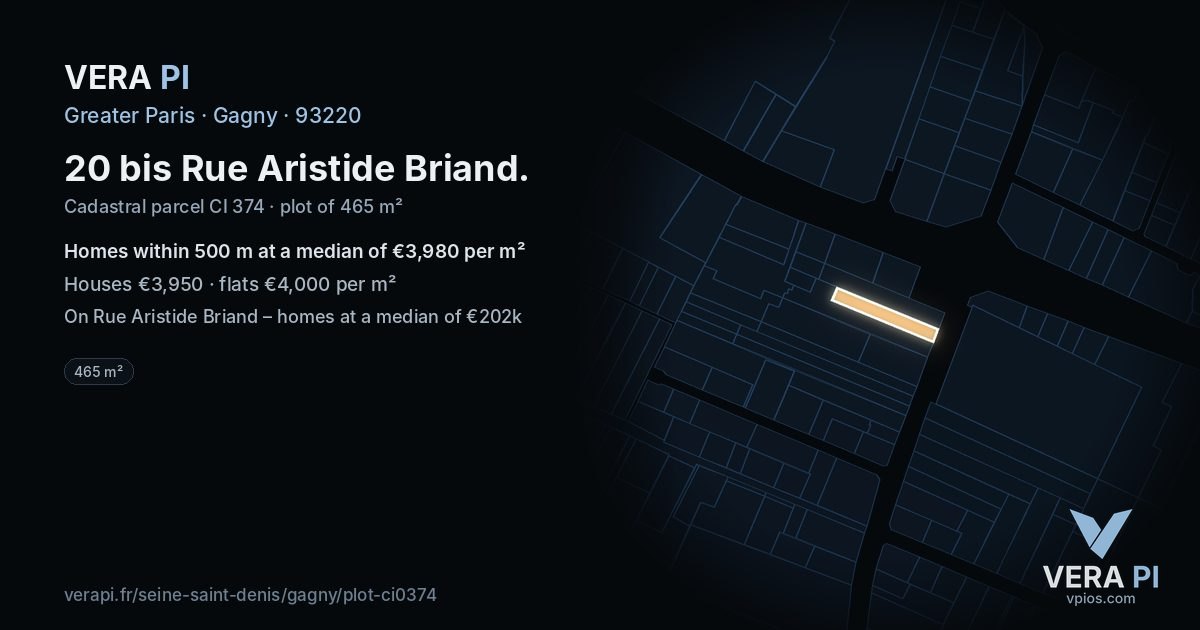 20 bis Rue Aristide Briand, Gagny at night – the plot lit, the parcels around coloured by the prices near them