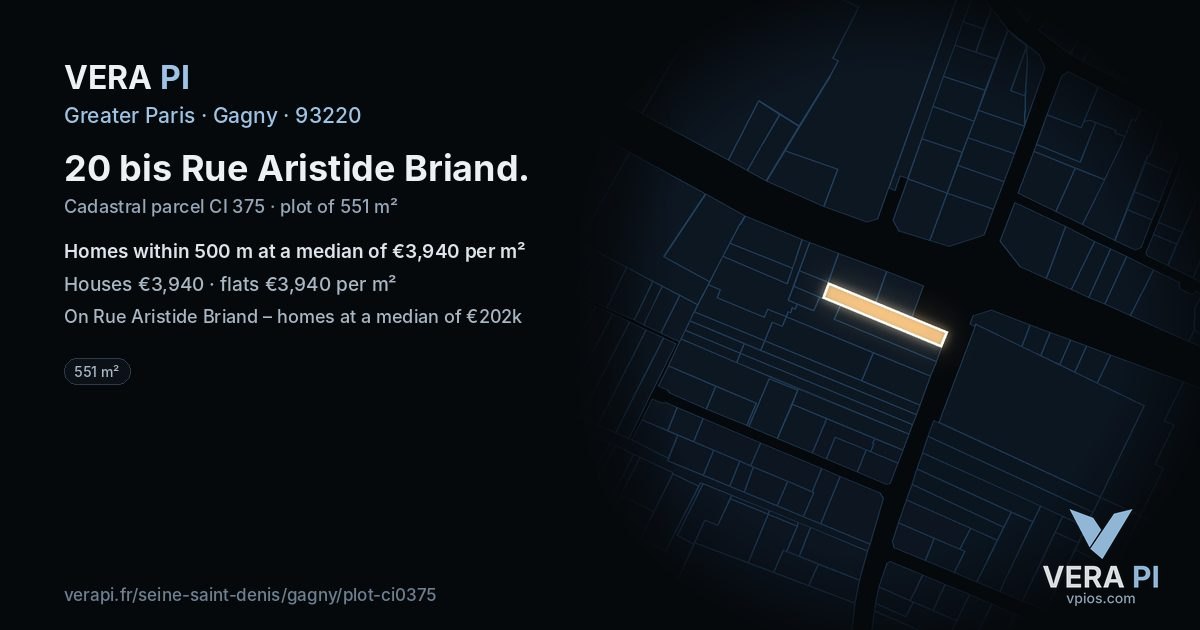 20 bis Rue Aristide Briand, Gagny at night – the plot lit, the parcels around coloured by the prices near them