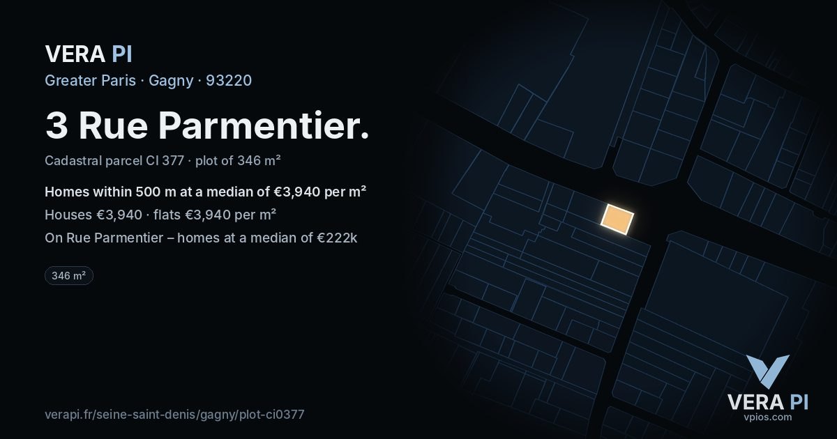3 Rue Parmentier, Gagny at night – the plot lit, the parcels around coloured by the prices near them