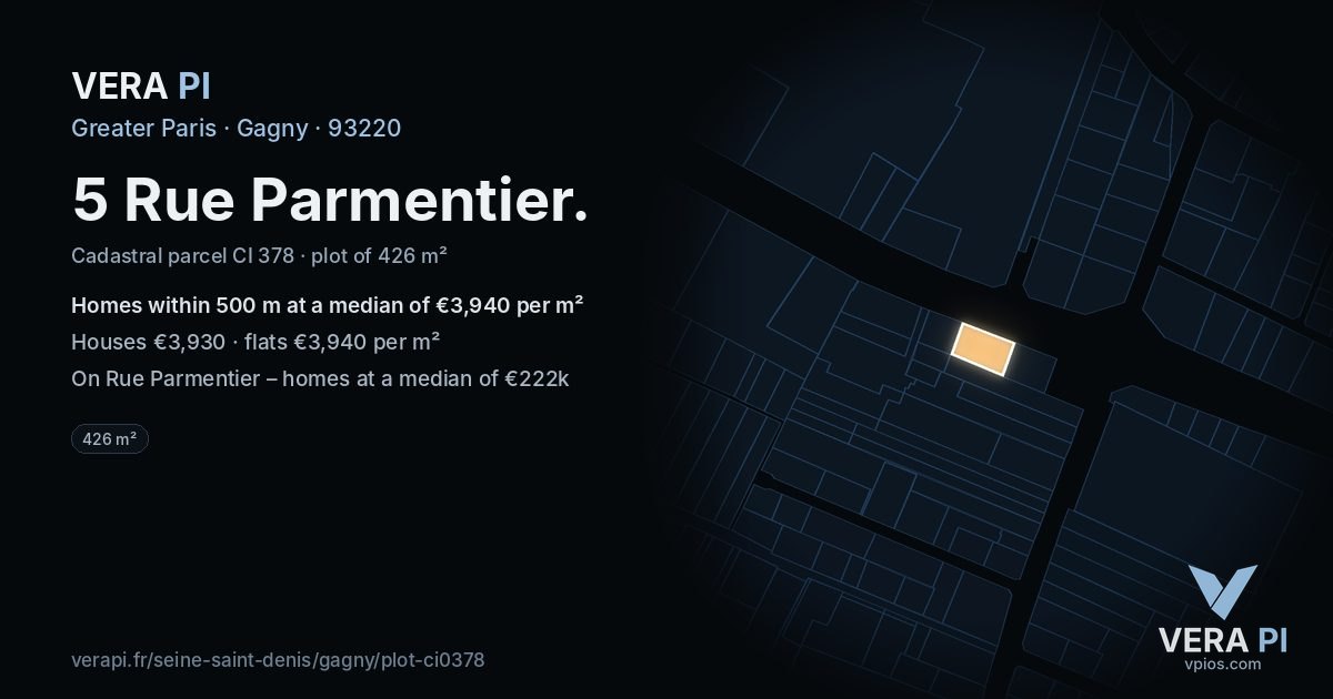 5 Rue Parmentier, Gagny at night – the plot lit, the parcels around coloured by the prices near them
