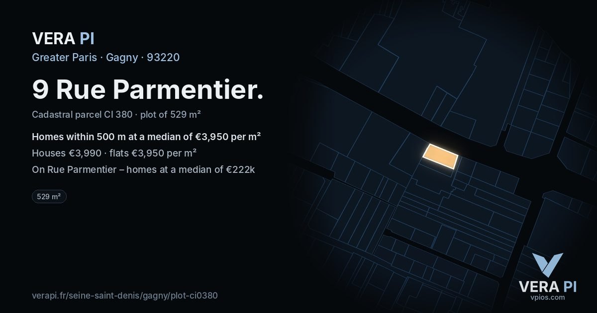 9 Rue Parmentier, Gagny at night – the plot lit, the parcels around coloured by the prices near them
