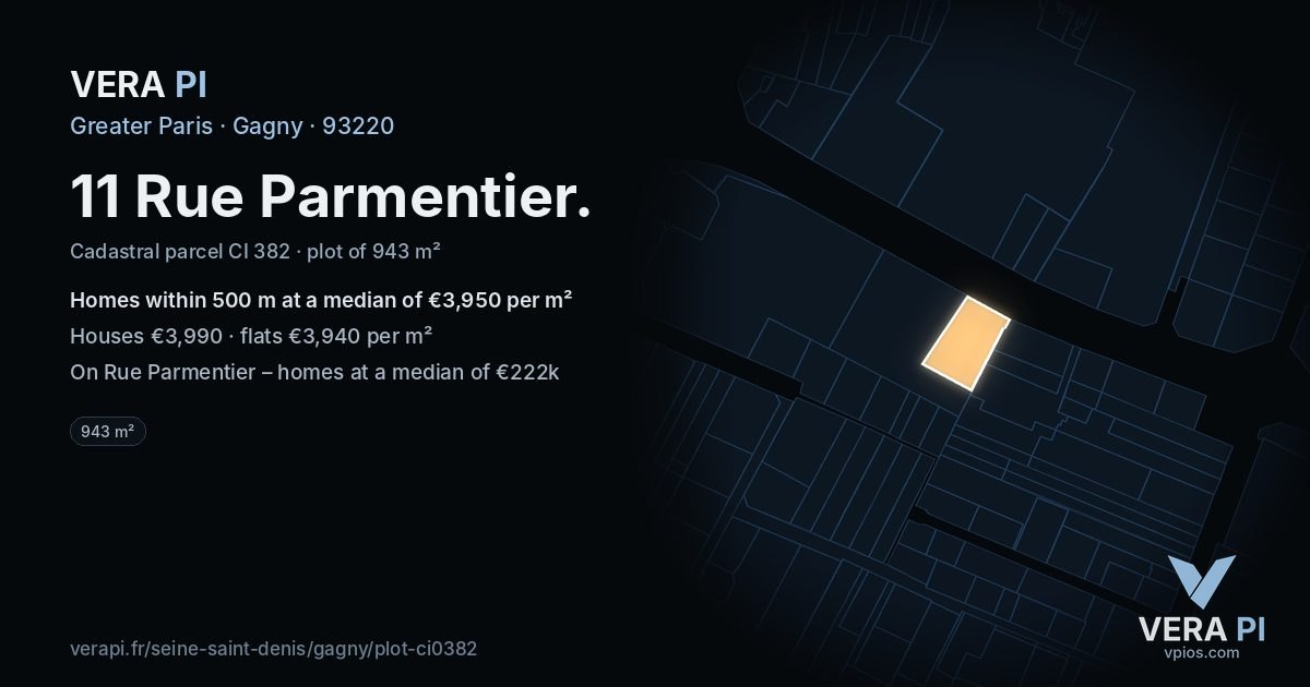 11 Rue Parmentier, Gagny at night – the plot lit, the parcels around coloured by the prices near them