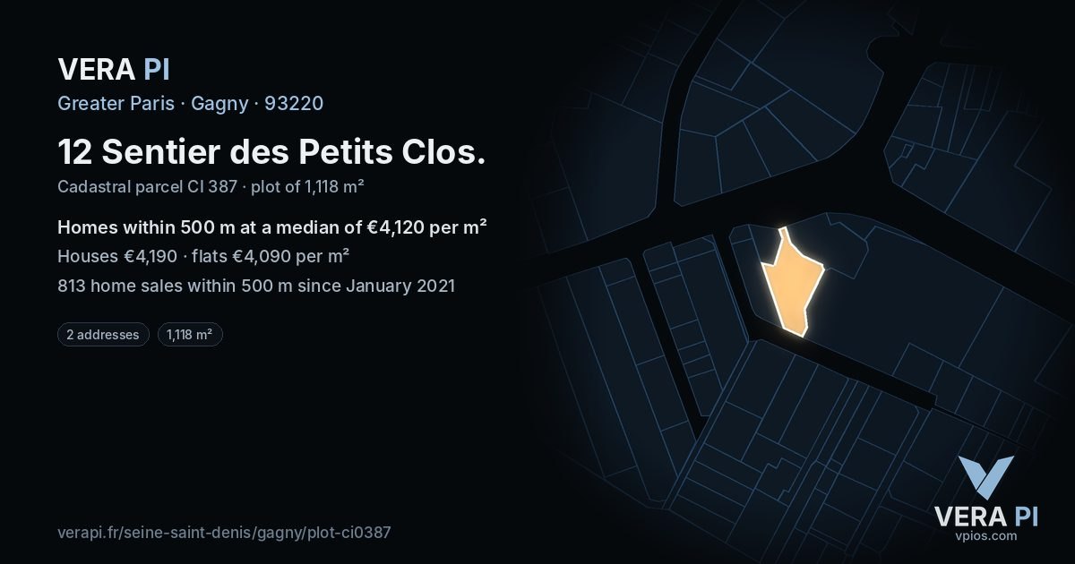 12 Sentier des Petits Clos, Gagny at night – the plot lit, the parcels around coloured by the prices near them