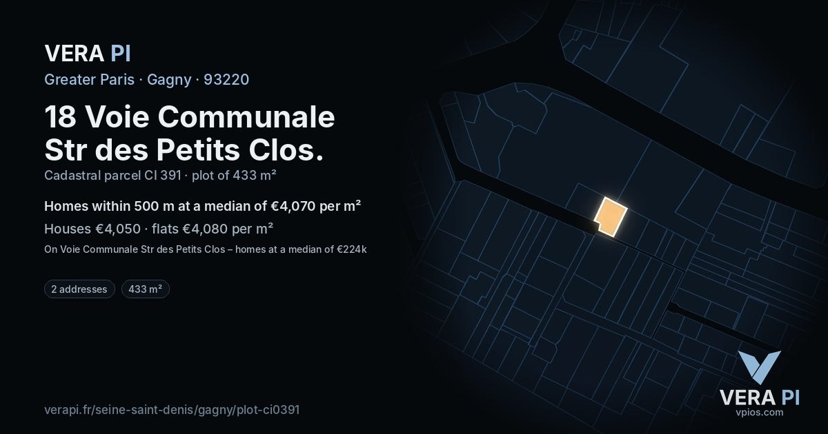 18 Voie Communale Str des Petits Clos, Gagny at night – the plot lit, the parcels around coloured by the prices near them