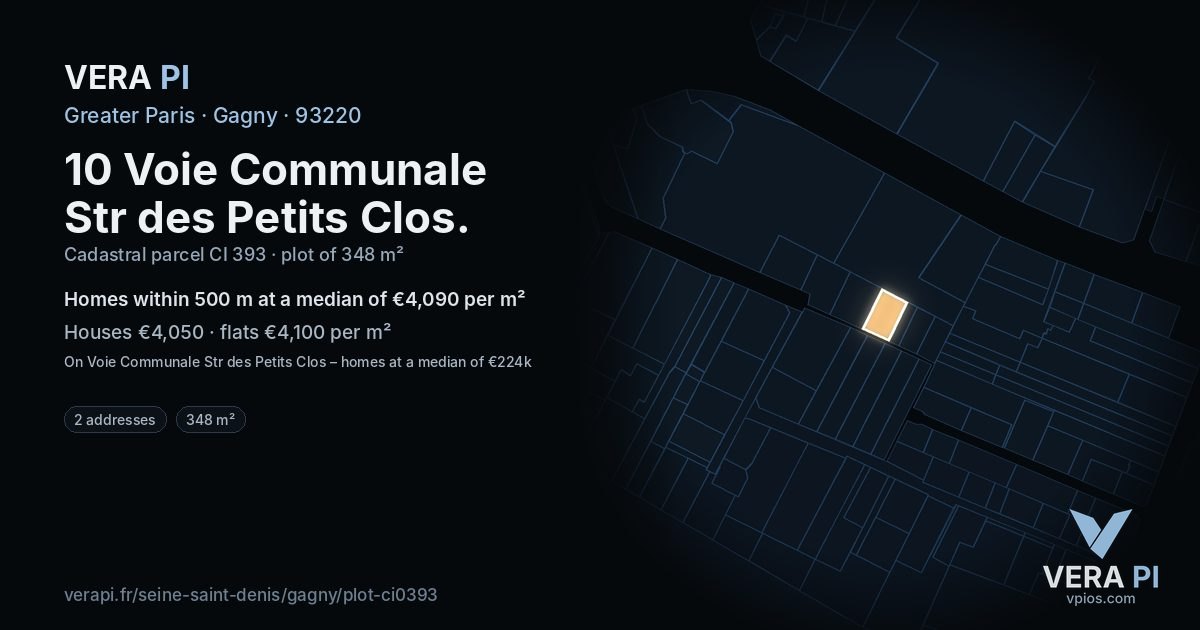 10 Voie Communale Str des Petits Clos, Gagny at night – the plot lit, the parcels around coloured by the prices near them