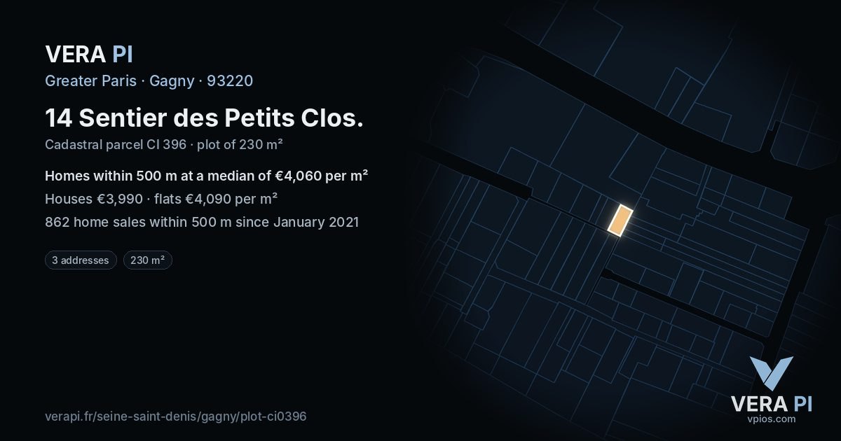 14 Sentier des Petits Clos, Gagny at night – the plot lit, the parcels around coloured by the prices near them