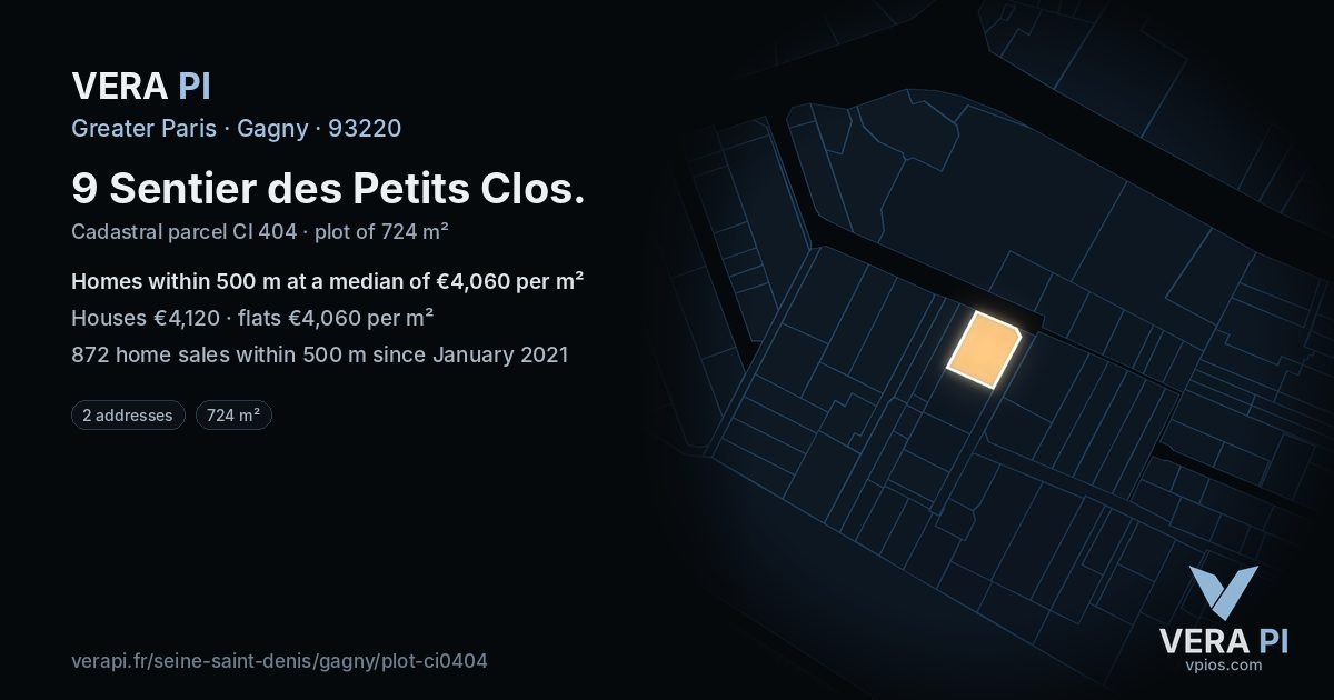 9 Sentier des Petits Clos, Gagny at night – the plot lit, the parcels around coloured by the prices near them