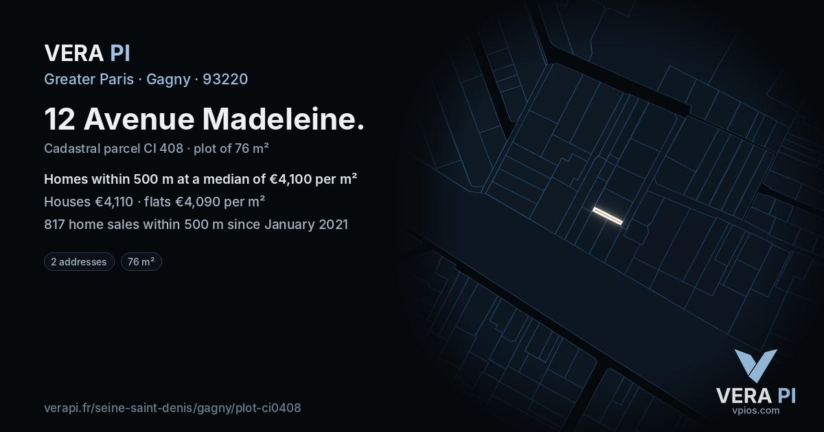 12 Avenue Madeleine, Gagny at night – the plot lit, the parcels around coloured by the prices near them